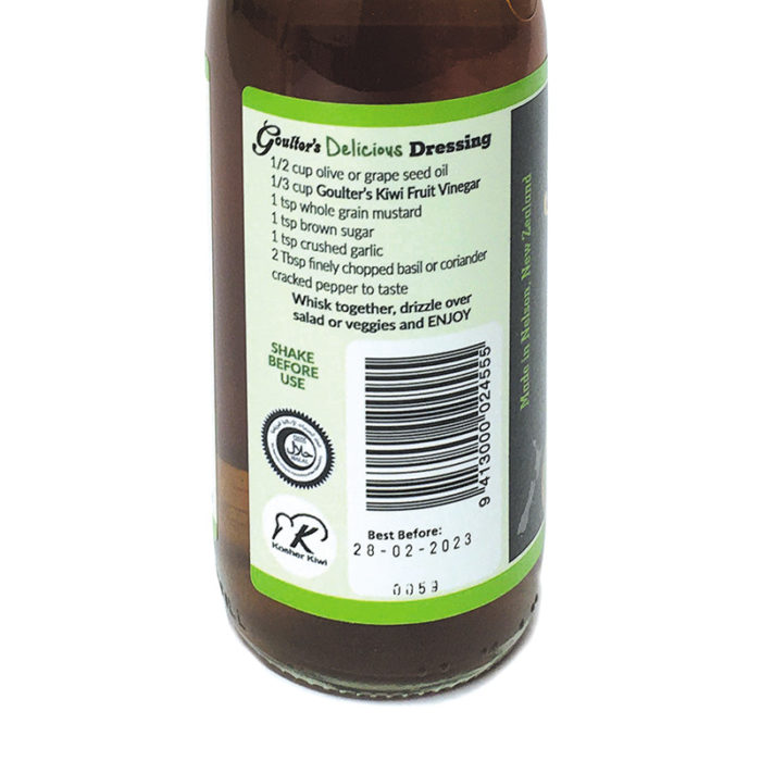 Goulter's Kiwifruit Vinegar 330ml bottle label close-up